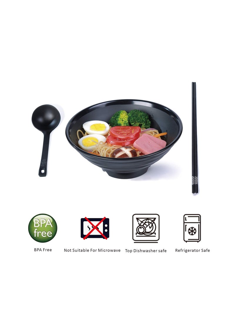 Melamine Ramen Bowl Set, 41oz Japanese Style Soup Bowls with Chopsticks and Spoons, for Noodles,Soba, Udon, 2 Sets (8.8 inch,Black)