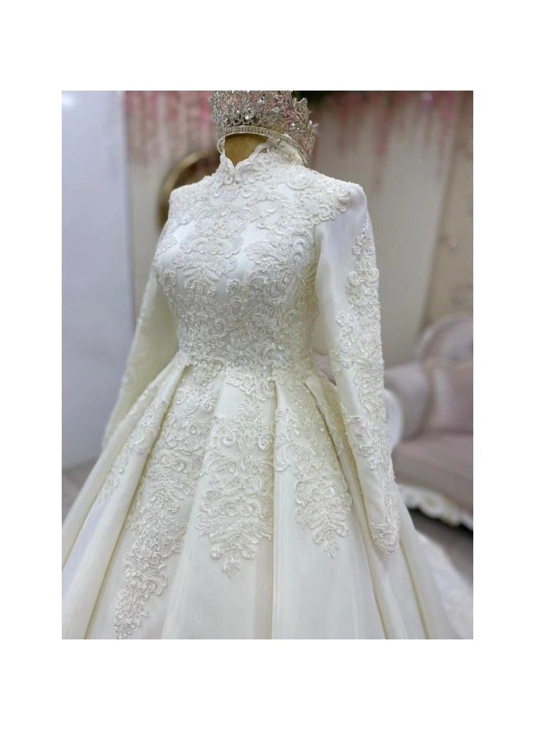 Islamic Stand Collar Full Wrap Long Sleeve Satin Wedding Dress