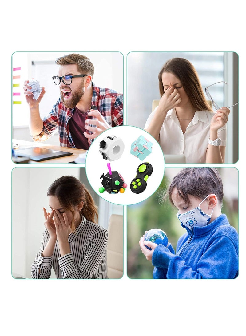 4 Pieces Handheld Mini Fidget Toy Set Include 12-Side Fidget Toy Cube, Infinity Cube, Cam Fidget Controller Pad, Decompression Ring for Teens, Adults to Relieve Pressure, Anxiety