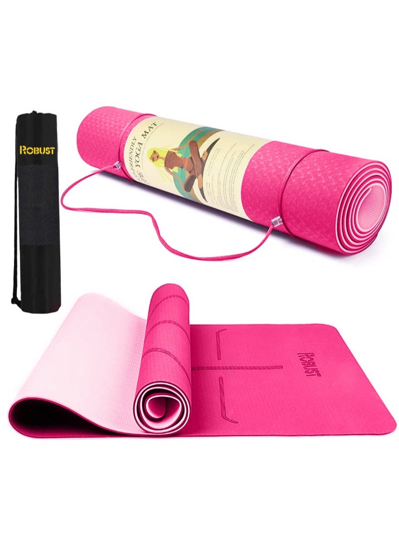 Robust TPE Yoga Mat Double Layer Anti-Slip Eco Friendly Texture surface (Size 183cmx 61cm) SGS Certified Position Liens & Hanging Band, Home/Gym Workout Sports Exercise Sports Mattress - Pink