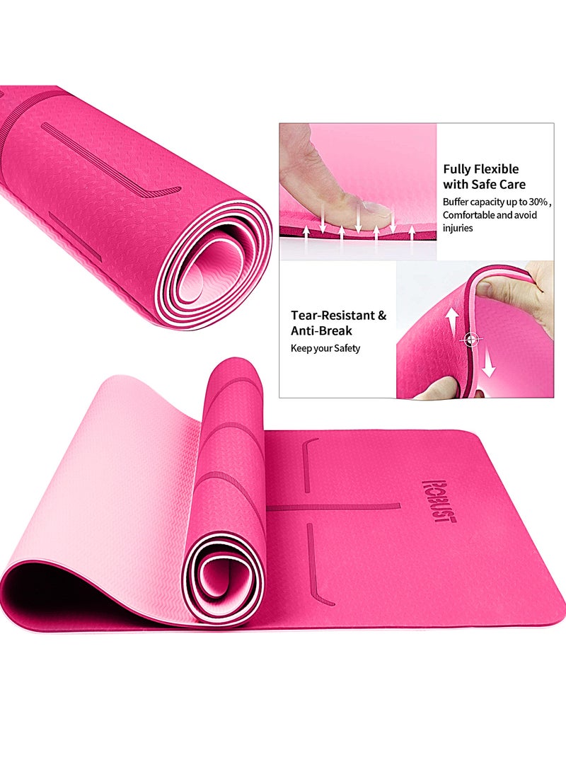 Robust TPE Yoga Mat Double Layer Anti-Slip Eco Friendly Texture surface (Size 183cmx 61cm) SGS Certified Position Liens & Hanging Band, Home/Gym Workout Sports Exercise Sports Mattress - Pink