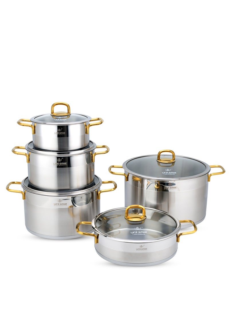 President Series Premium 18/10 Stainless Steel Cookware Set - Pots and Pans Set Induction 3-Ply Thick Base for Even Heating Includes Casserroles 20/24/28/32cm + Shallow Pot 28cm Oven Safe Silver Gold