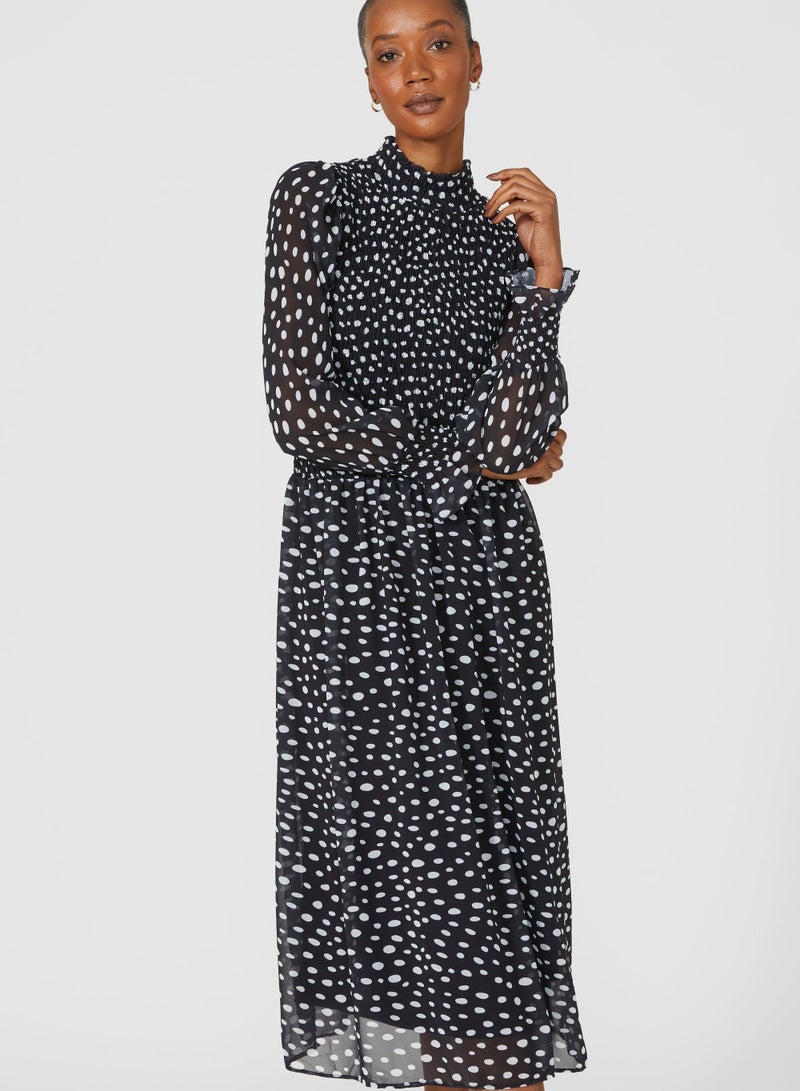 Printed Chiffon Shirred Midi Dress