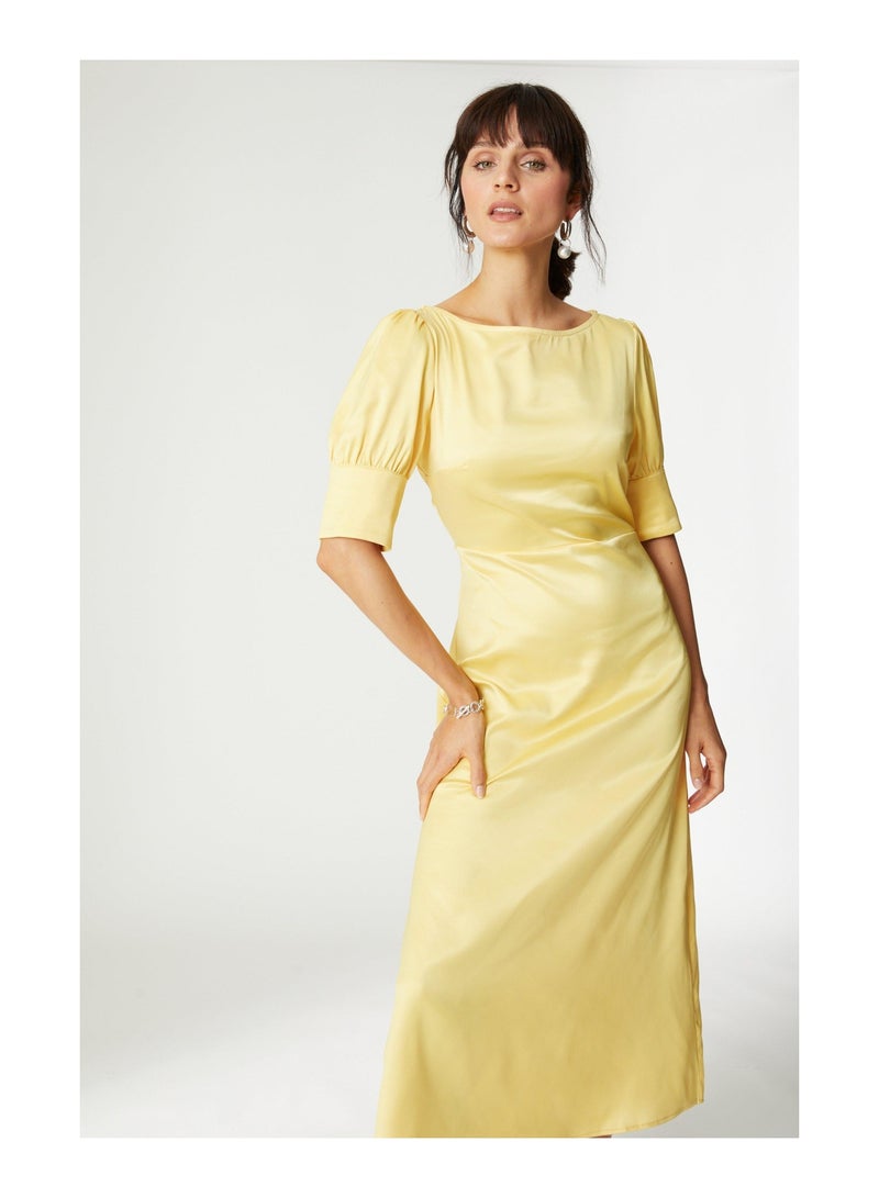 Satin Volume Sleeve Midi Dress