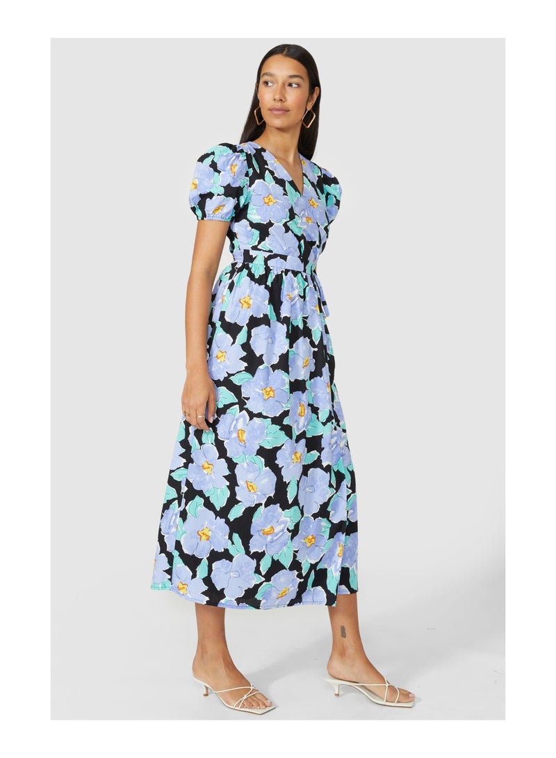 Printed Poplin Wrap Midi Dress