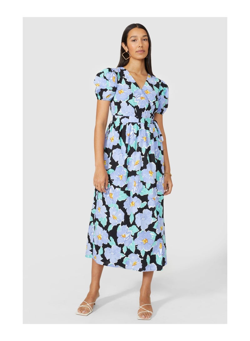 Printed Poplin Wrap Midi Dress