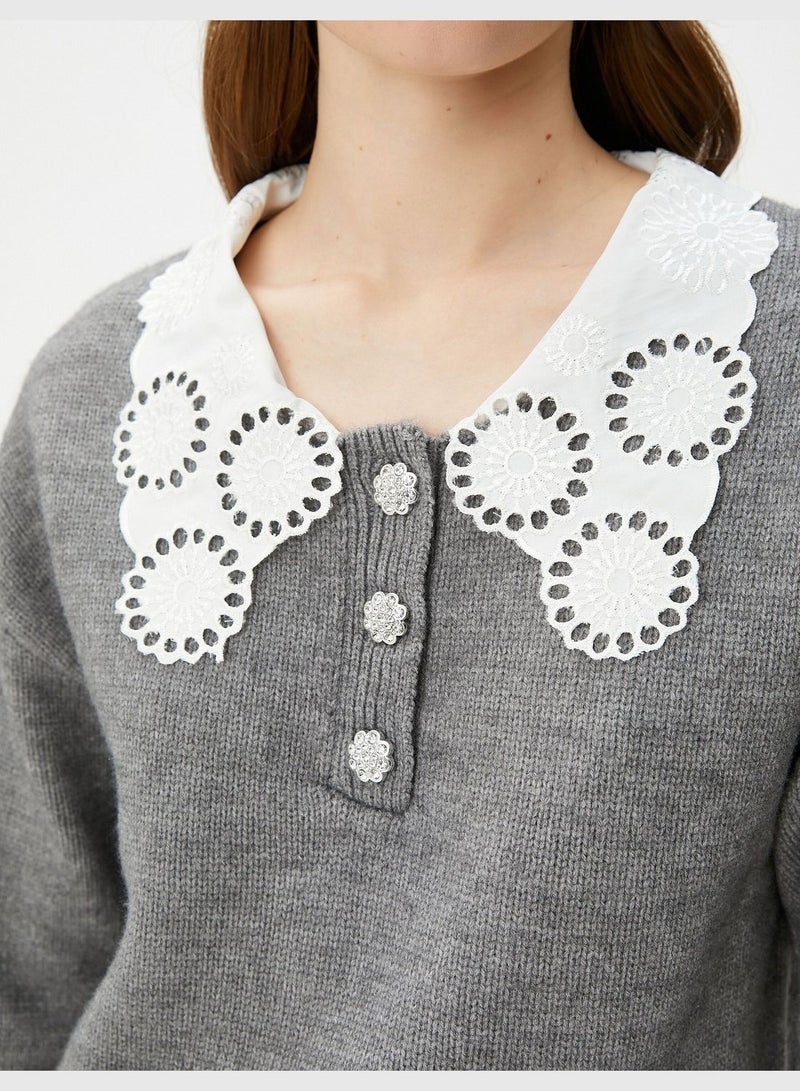 Lace Neck Buttoned Vintage Sweater