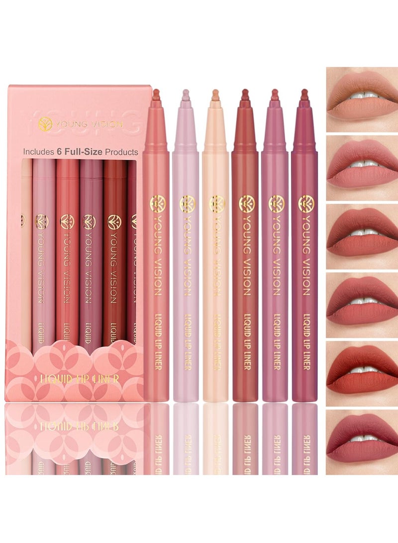 Liquid Waterproof Lip Liner Set, 6Pcs Lip Stain Tint Marker Pen with Precise Chisel Tip for Smooth, Easy Glide Application - Nude Brown Matte Shades, Non-Feathering, Rich Color
