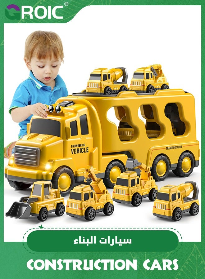 Construction Trucks,Toys Cars for Toddlers,Transport Vehicle Carrier Truck, Car Toys Set,Excavator, Bulldozer, Crane and Mixer,Construction Transporter Truck Friction Power Toy Car