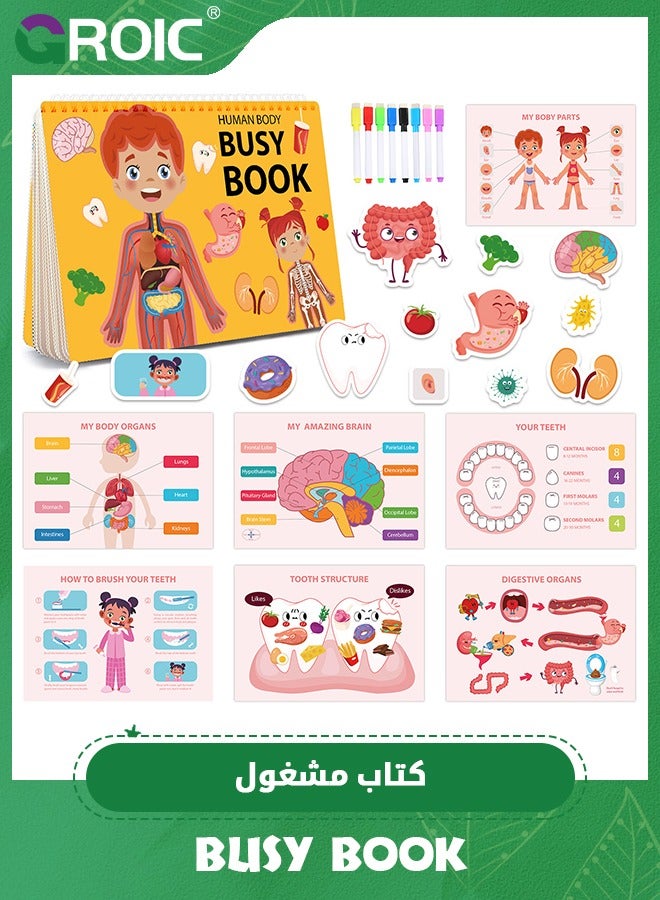 Montessori Busy Book for Kids, Quiet Book,Human Body Anatomy Book for Toddlers, Preshool Kindergarten Learning Activities, Autism Sensory Toys,Sticker Books for Kids,Educational Toys