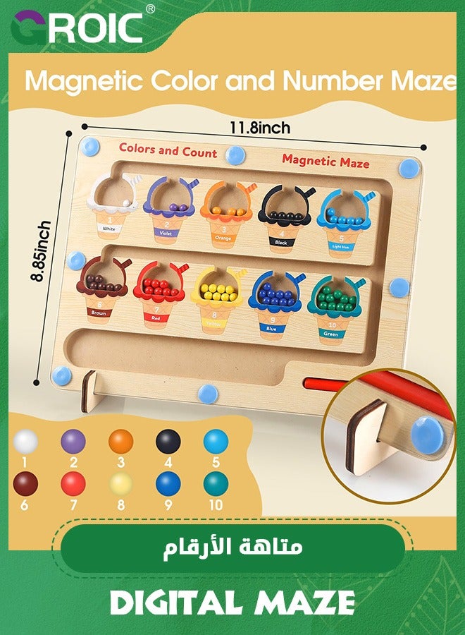 Magnetic Color & Number Maze - Montessori Wooden Color Matching Learning Counting Puzzle Board - Toddler Fine Motor Skills Toys for Kids,Wooden Magnet Maze Board Game