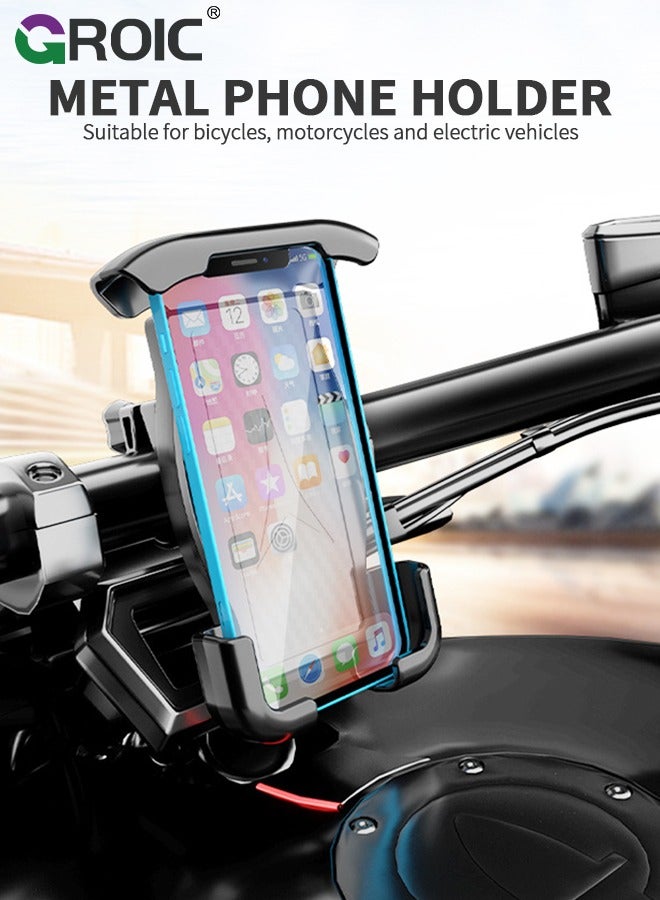 Black Motorcycle Phone Holder Mount, Bike Handlebar Phone Mount Clamp, One Hand Operation, Scooter Phone Clip for iPhone 15/14 Pro Max/X/XS, Galaxy S24 and 4.7