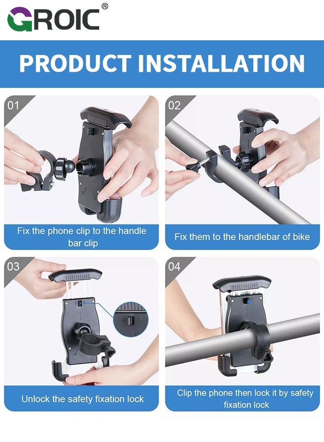 Black Motorcycle Phone Holder Mount, Bike Handlebar Phone Mount Clamp, One Hand Operation, Scooter Phone Clip for iPhone 15/14 Pro Max/X/XS, Galaxy S24 and 4.7