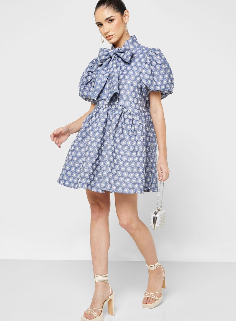 Puff Sleeve Front Knot Tie Detail Dress