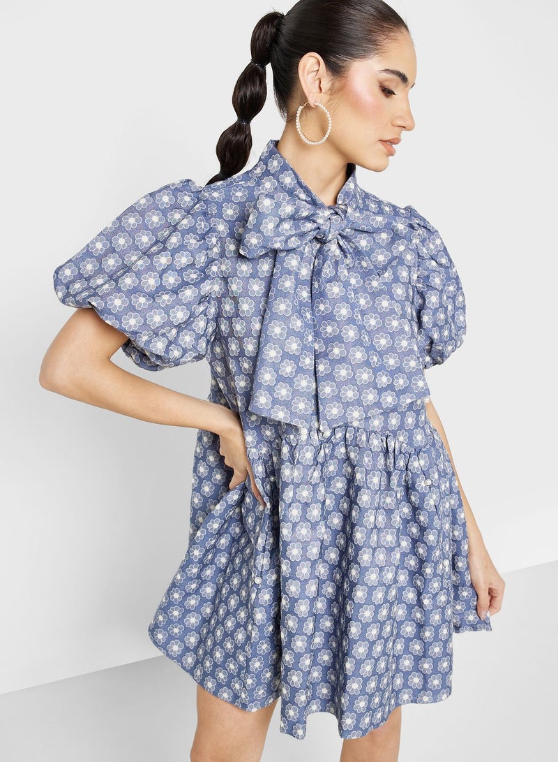 Puff Sleeve Front Knot Tie Detail Dress