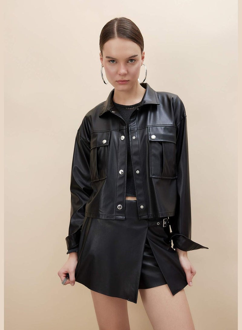 Oversize Fit Faux Leather Long Sleeve Shirt