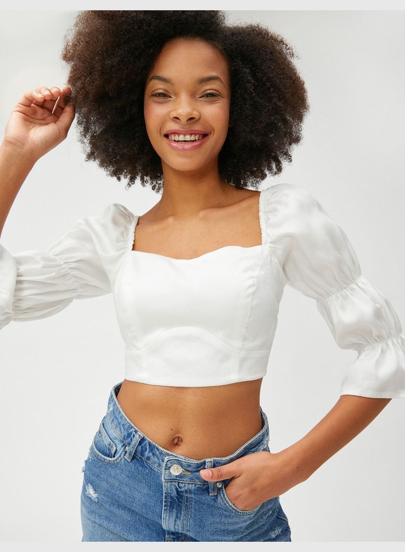 Square Neck Puff Sleeve Crop Blouse