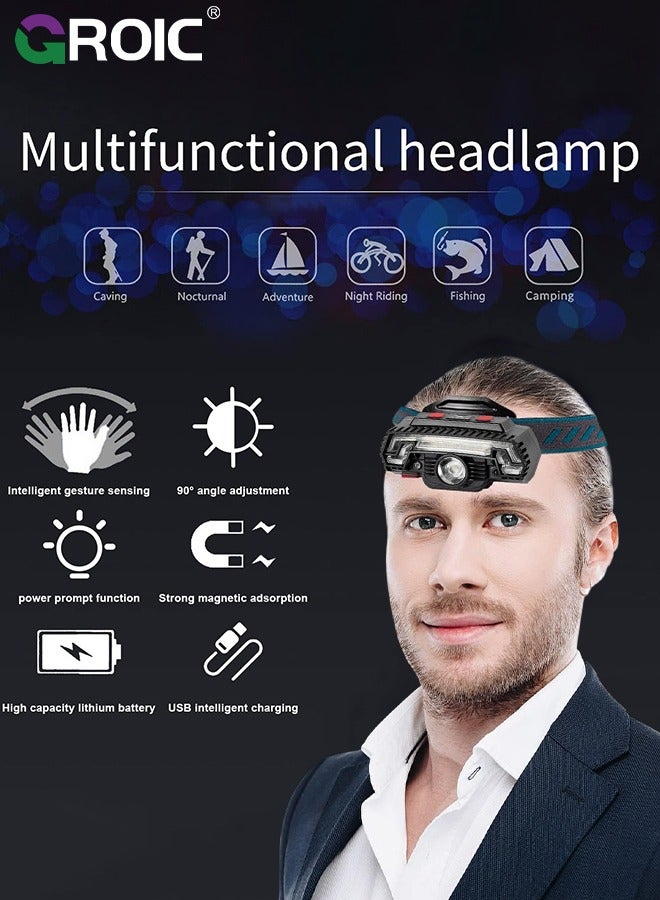 Rechargeable 4 in 1 Motion Sensor Headlamp, Black, Waterproof, 90 Degree Adjustable, 2000mAh Battery for Hurricane Emergency, Hiking and Power Outages, Included Bicycle Mounting Bracket