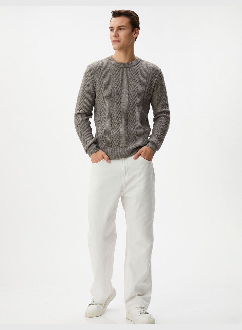 Textured Long Sleeve Crew Neck Knitwear Sweater