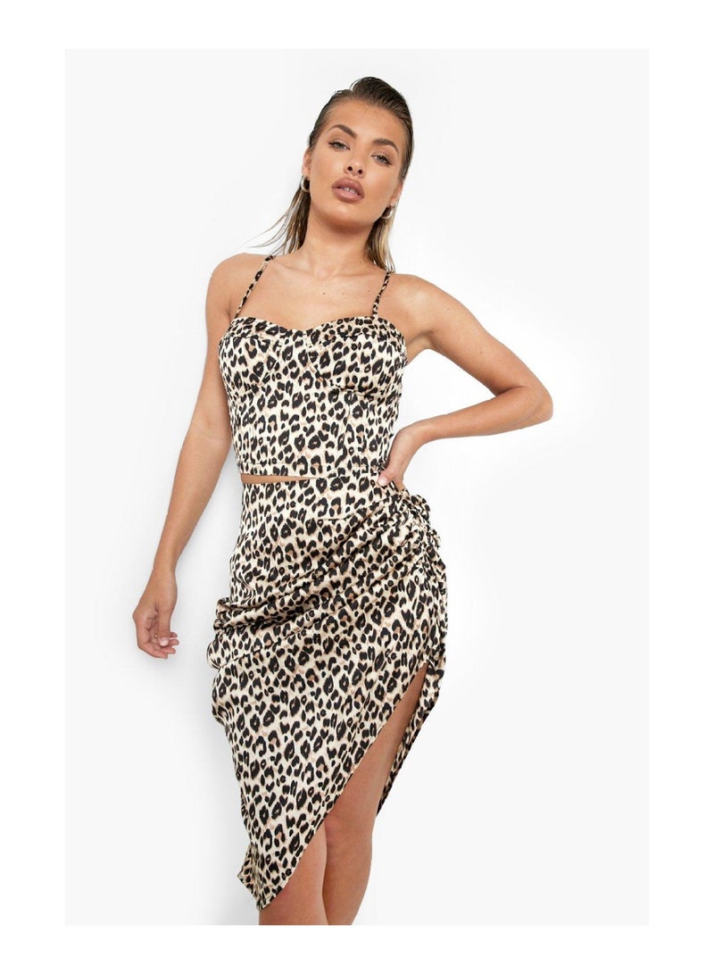 Leopard Satin Draped Midi Skirt