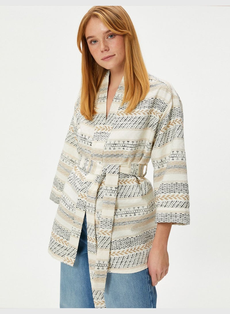 Belted Wide Sleeve Ethnic Patterned Kimono