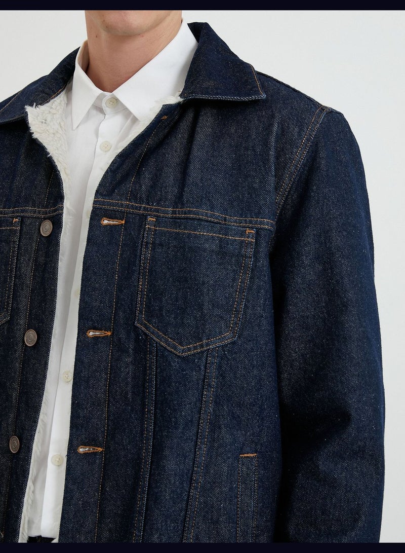 Plush Detail Buttoned Pocket Denim Jacket