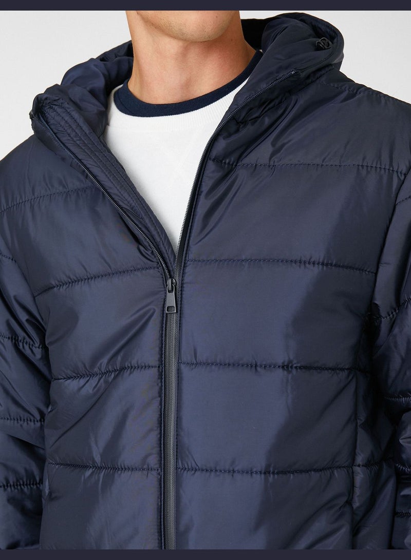 Basic Puffer Coat Zippered Hooded Pocket Detail