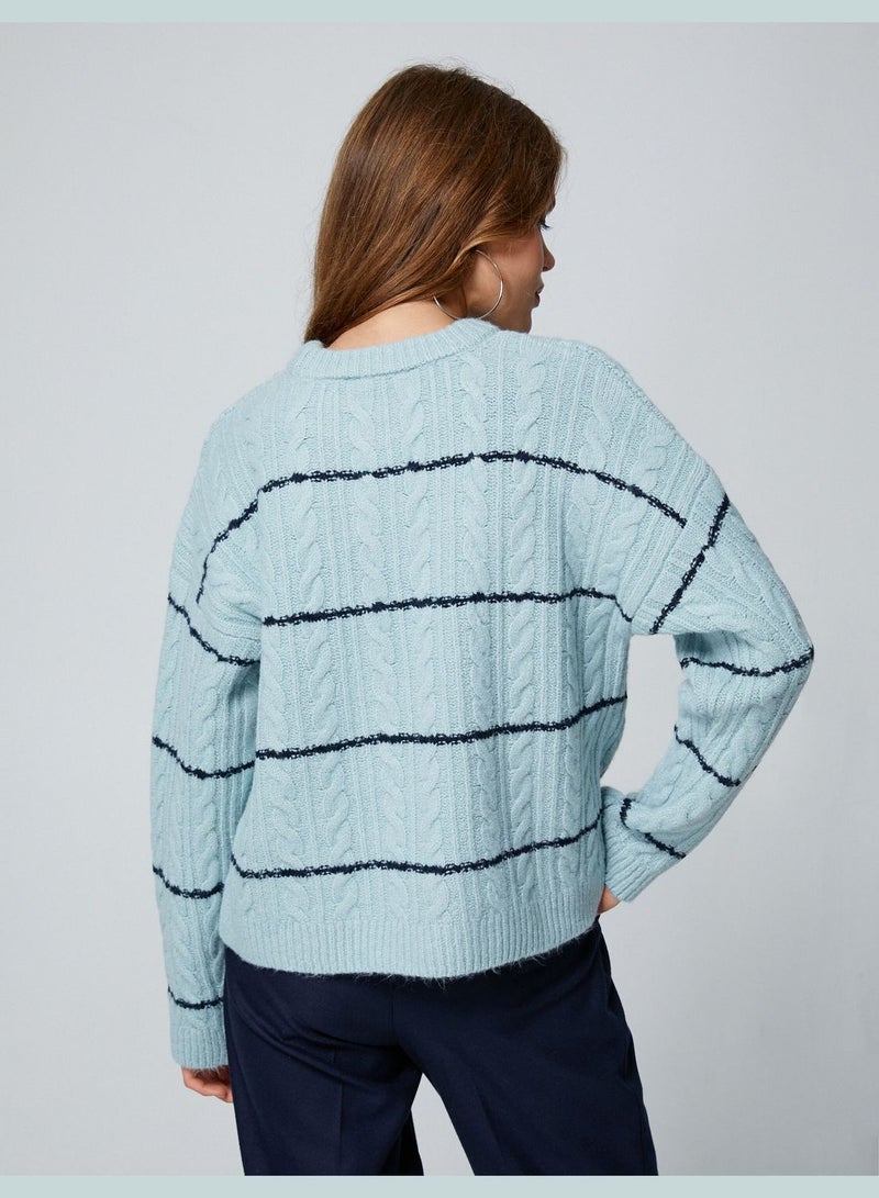 Ribbed Braiding Design Crew Neck Sweater