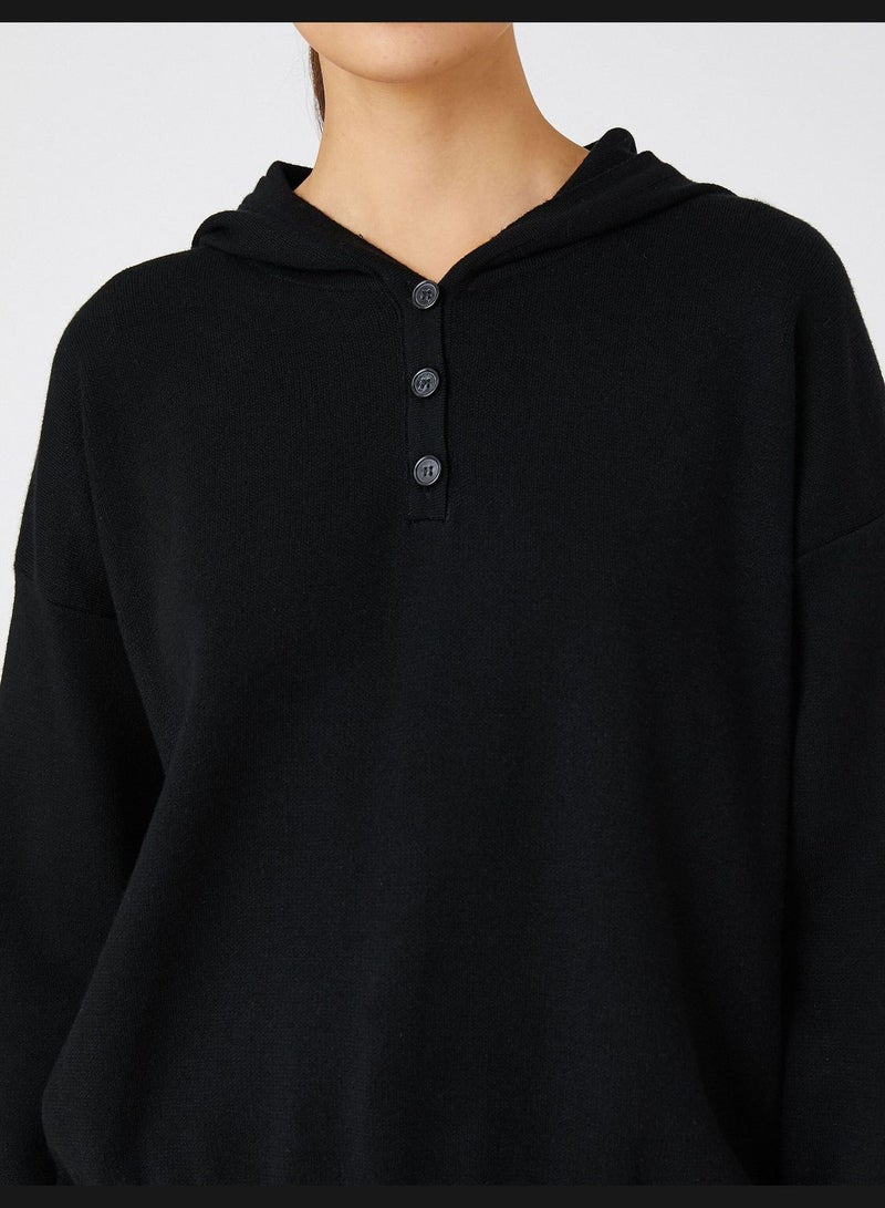 Oversized Tricot Sweater Hooded Button Neck