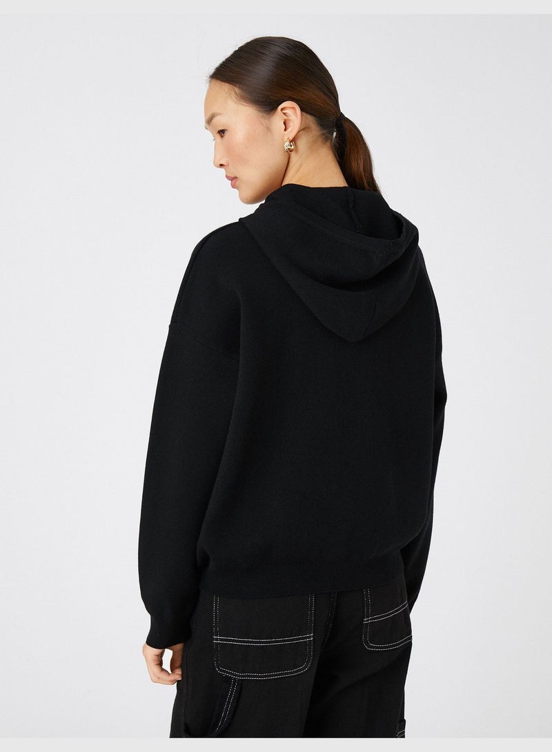 Oversized Tricot Sweater Hooded Button Neck
