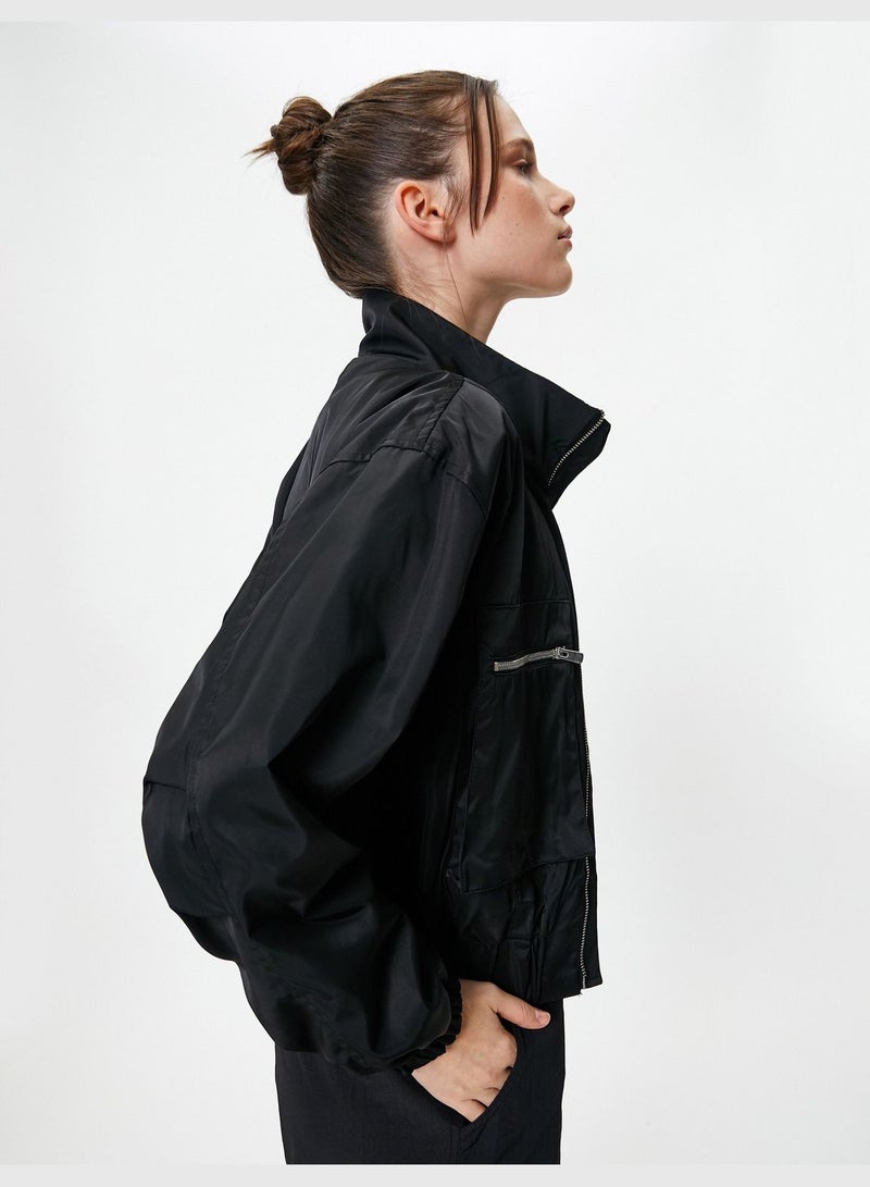 Bomber Jacket Zipper High Neck Pockets