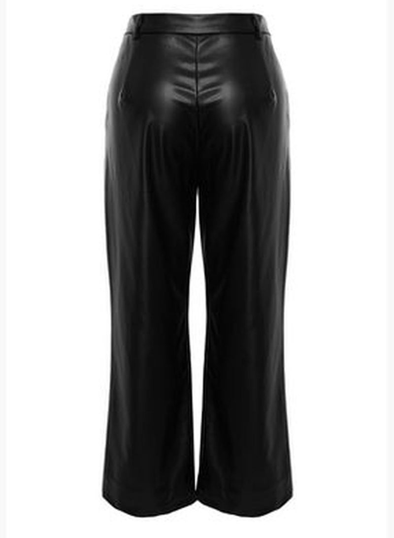 Black Wide Cut Faux Leather Woven Trousers