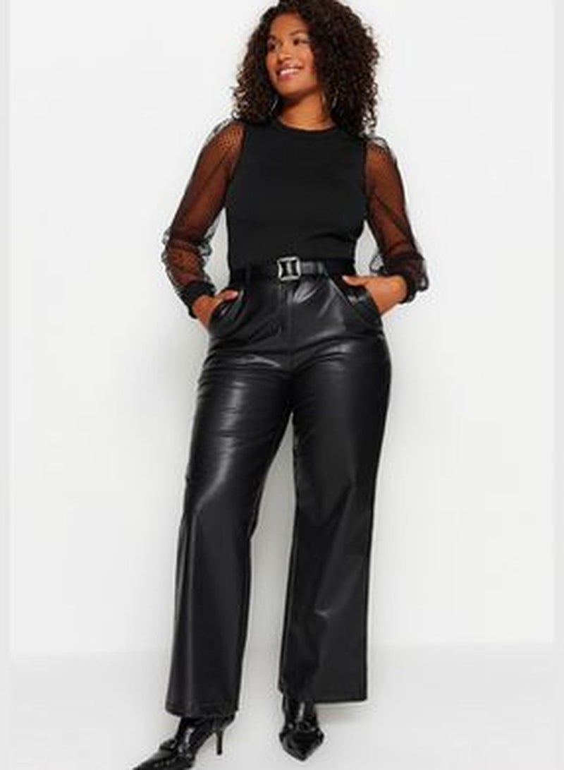 Black Wide Cut Faux Leather Woven Trousers