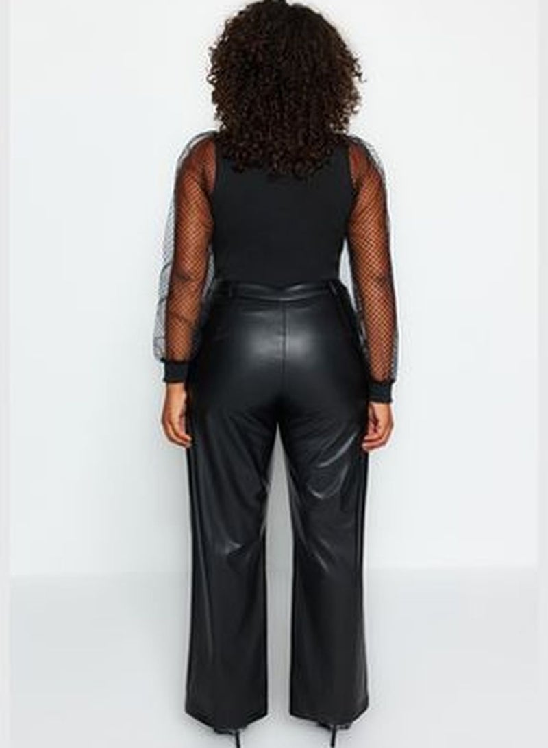 Black Wide Cut Faux Leather Woven Trousers