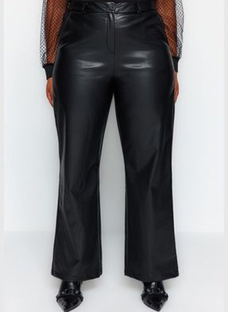 Black Wide Cut Faux Leather Woven Trousers