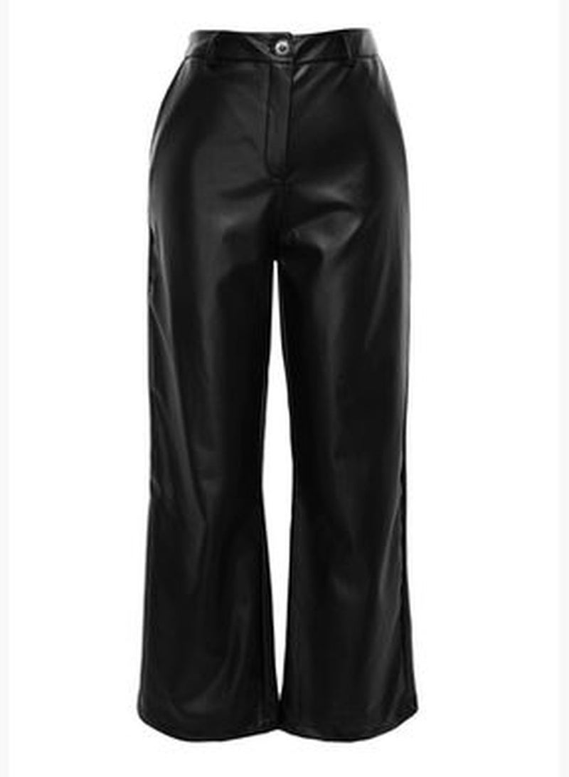 Black Wide Cut Faux Leather Woven Trousers