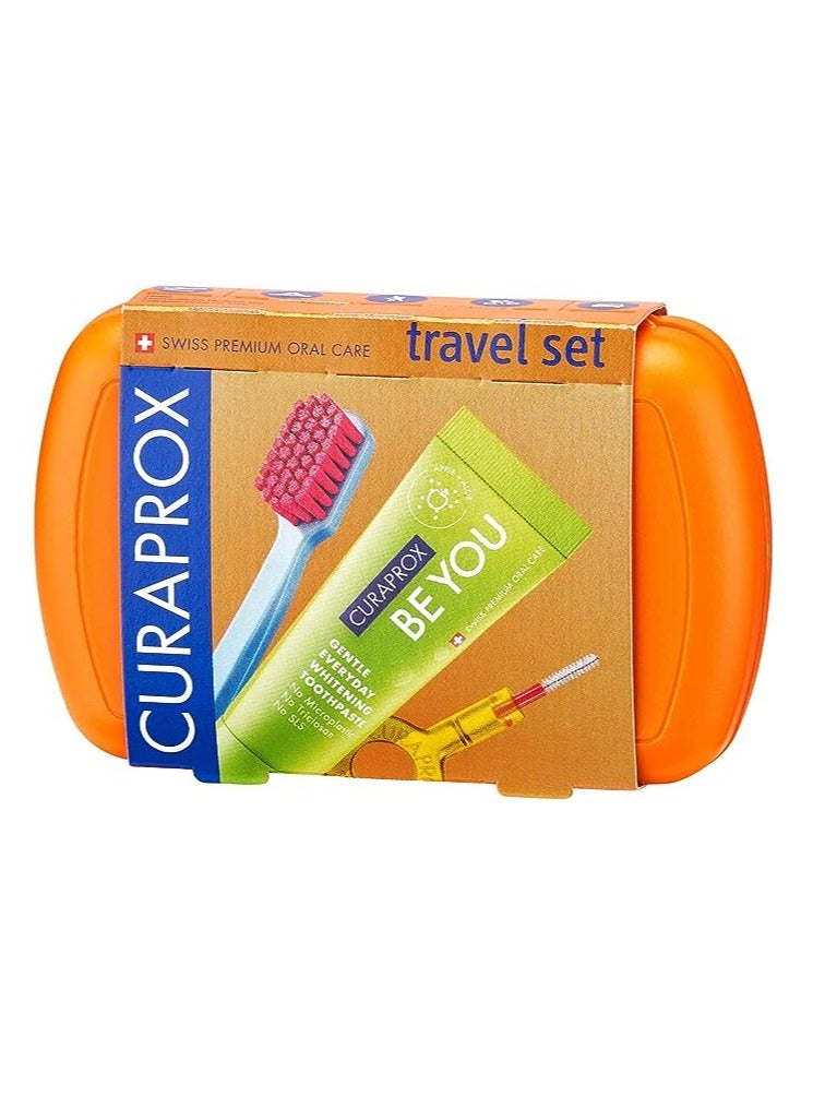 Curaprox Travel-Set Orange. Set includes Travel Toothbrush CS 5460, 10ml Be You Toothpaste, Interdental Brush CPS prime 07, CPS prime 09.