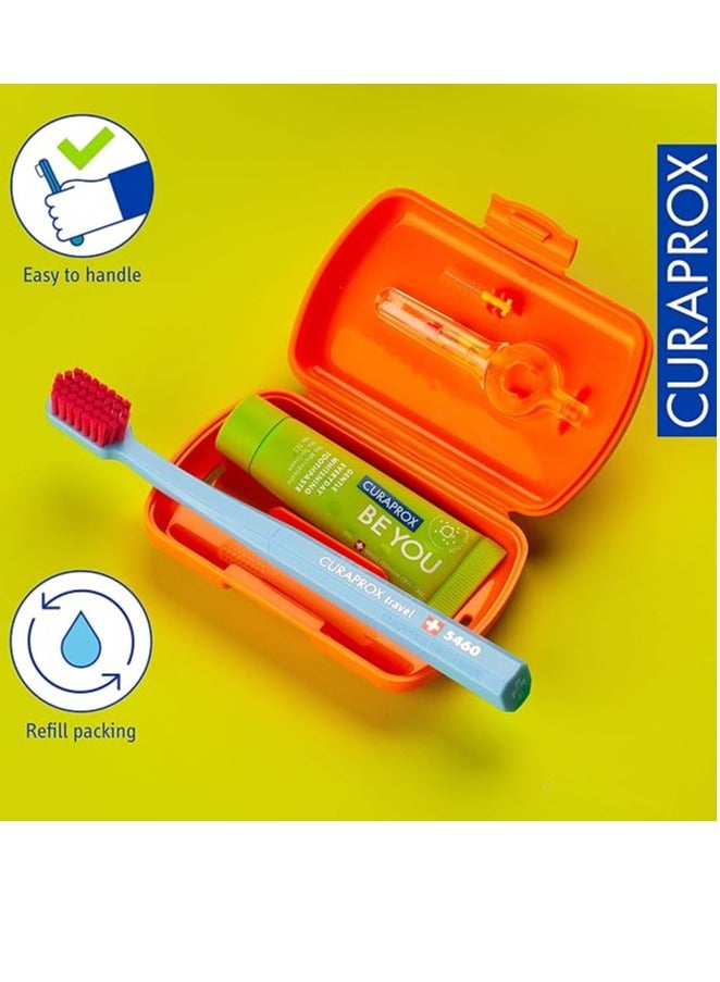 Curaprox Travel-Set Orange. Set includes Travel Toothbrush CS 5460, 10ml Be You Toothpaste, Interdental Brush CPS prime 07, CPS prime 09.