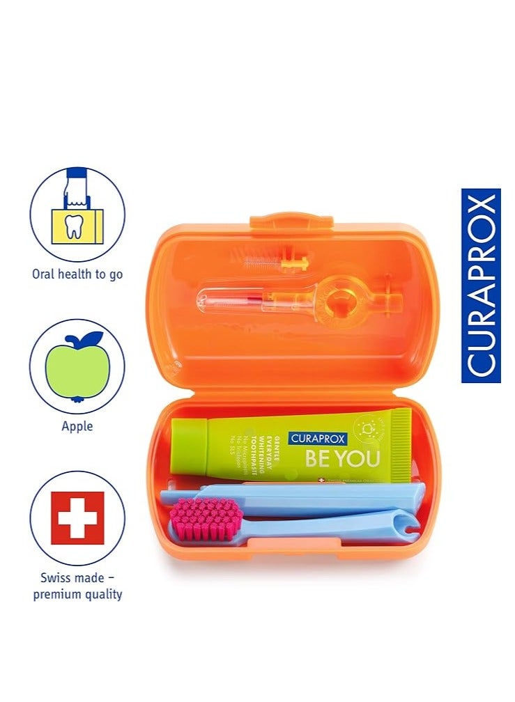 Curaprox Travel-Set Orange. Set includes Travel Toothbrush CS 5460, 10ml Be You Toothpaste, Interdental Brush CPS prime 07, CPS prime 09.