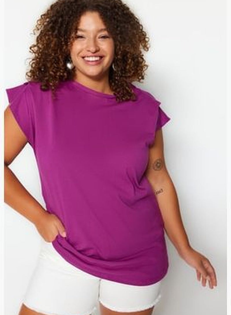 Purple Knitted Crewneck T-Shirt with Sleeve Detail TBBSS22BF0023