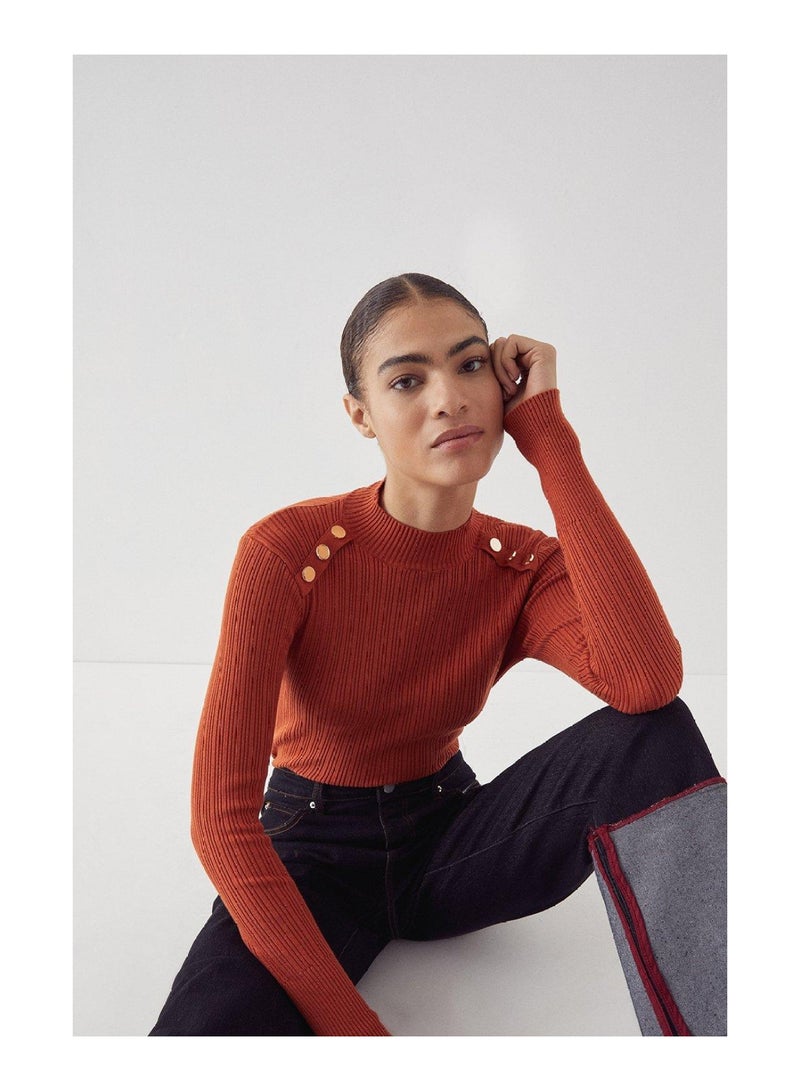 Button Detail Ribbed Knit Funnel Neck Jumper