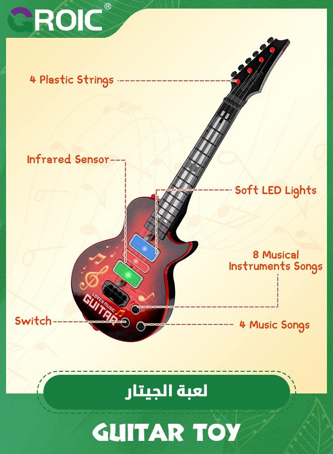 Kids Guitar Toy 4 Strings Electric Guitar for Kids Toddler Guitar with Strap Light Up Musical Toys,Red Guitar Musical Instrument Toy, Imitation Guitar Toy,Music Early Education Toy