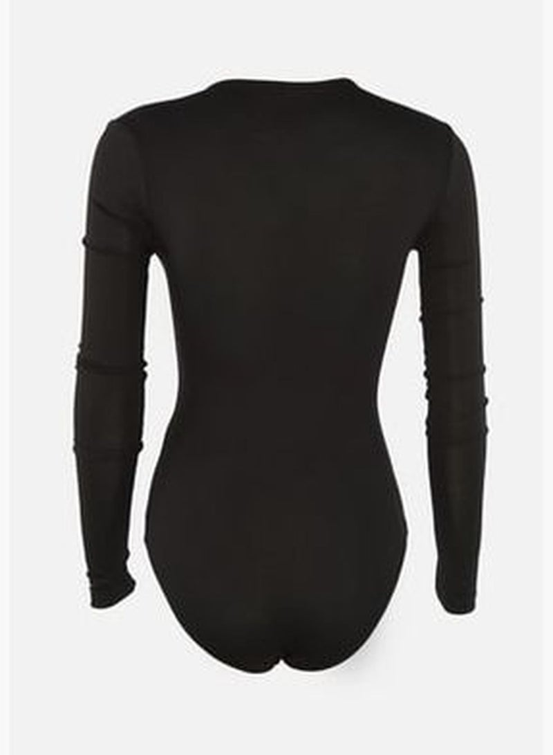 Black Knitted Deep V Neck Studded Bodysuit TPRAW22BD0084