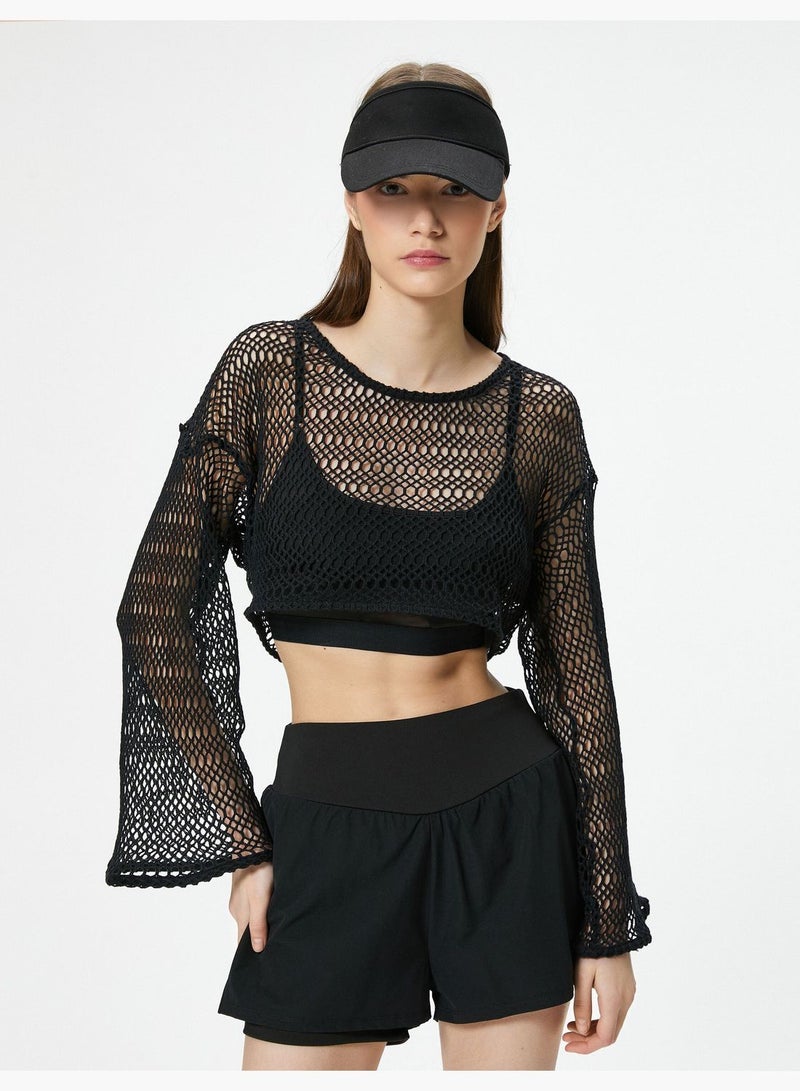 Mesh Crop T-Shirt Long Wide Sleeve Crew Neck