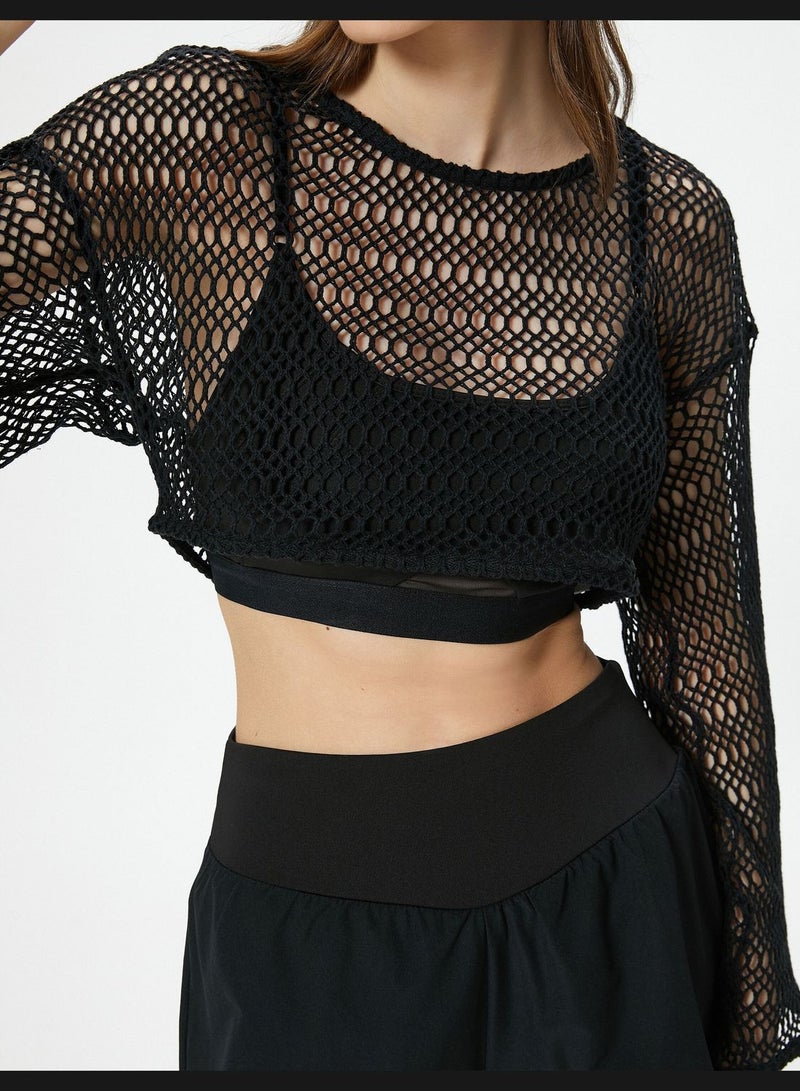 Mesh Crop T-Shirt Long Wide Sleeve Crew Neck