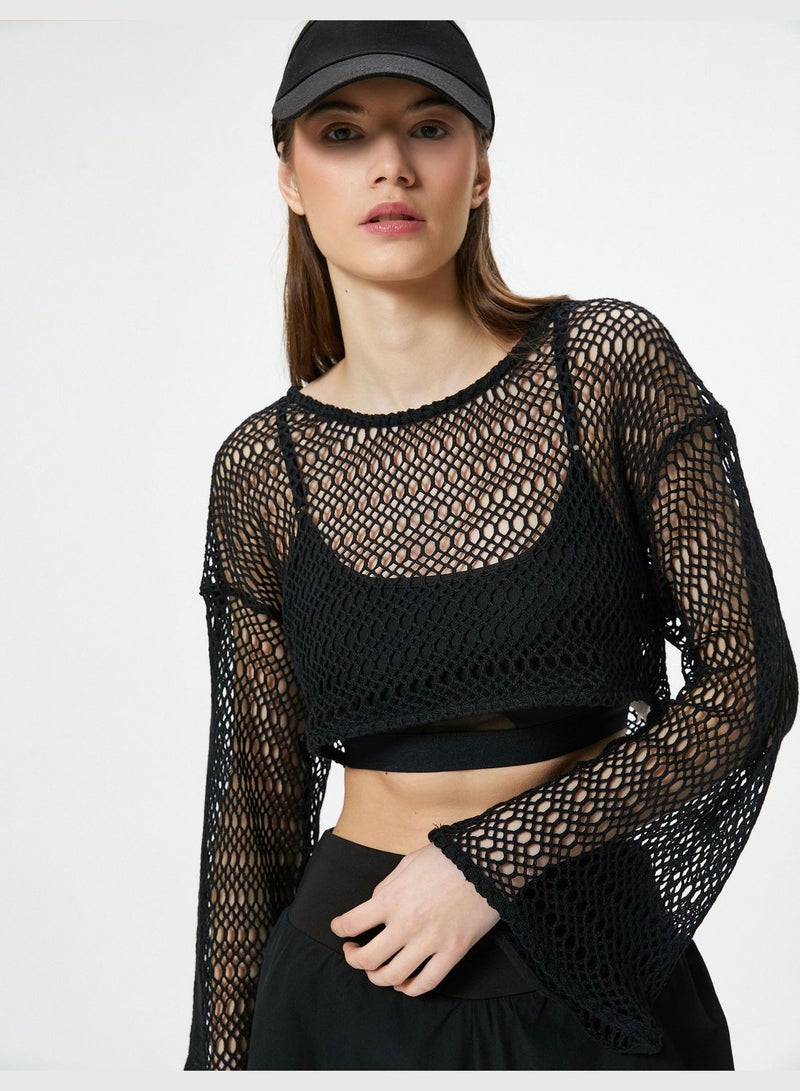 Mesh Crop T-Shirt Long Wide Sleeve Crew Neck