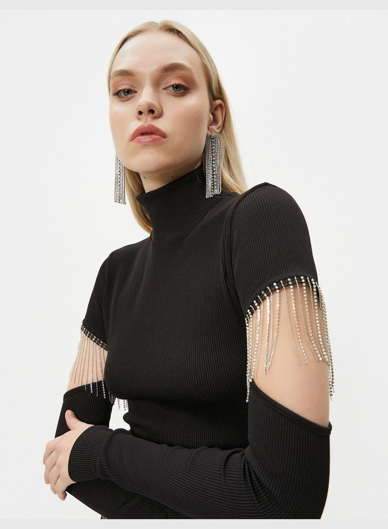 Long Sleeve Cut Out and Accessory Detail Crop T-Shirt