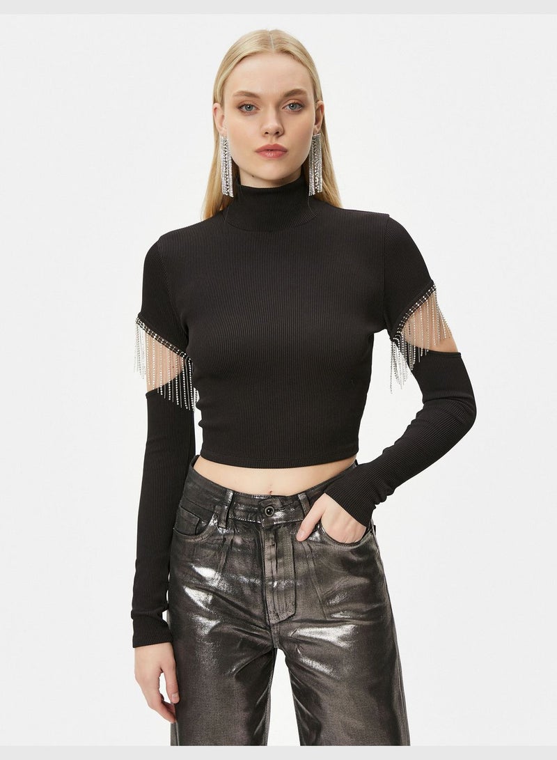 Long Sleeve Cut Out and Accessory Detail Crop T-Shirt