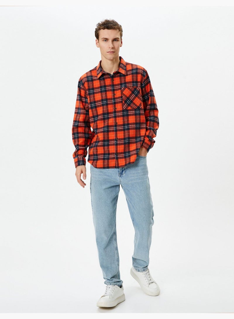 Pocket Detail Buttoned Classic Neck Check Plaid Shirt