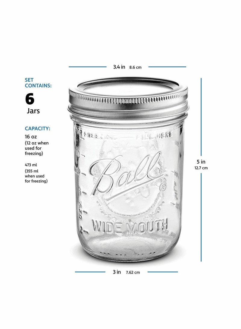 Ball Wide Mouth Mason Jars (16 oz/Capacity) [6 Pack] with Airtight lids and Bands. For Canning, Fermenting, Pickling, Decor - Freezing, Microwave And Dishwasher Safe